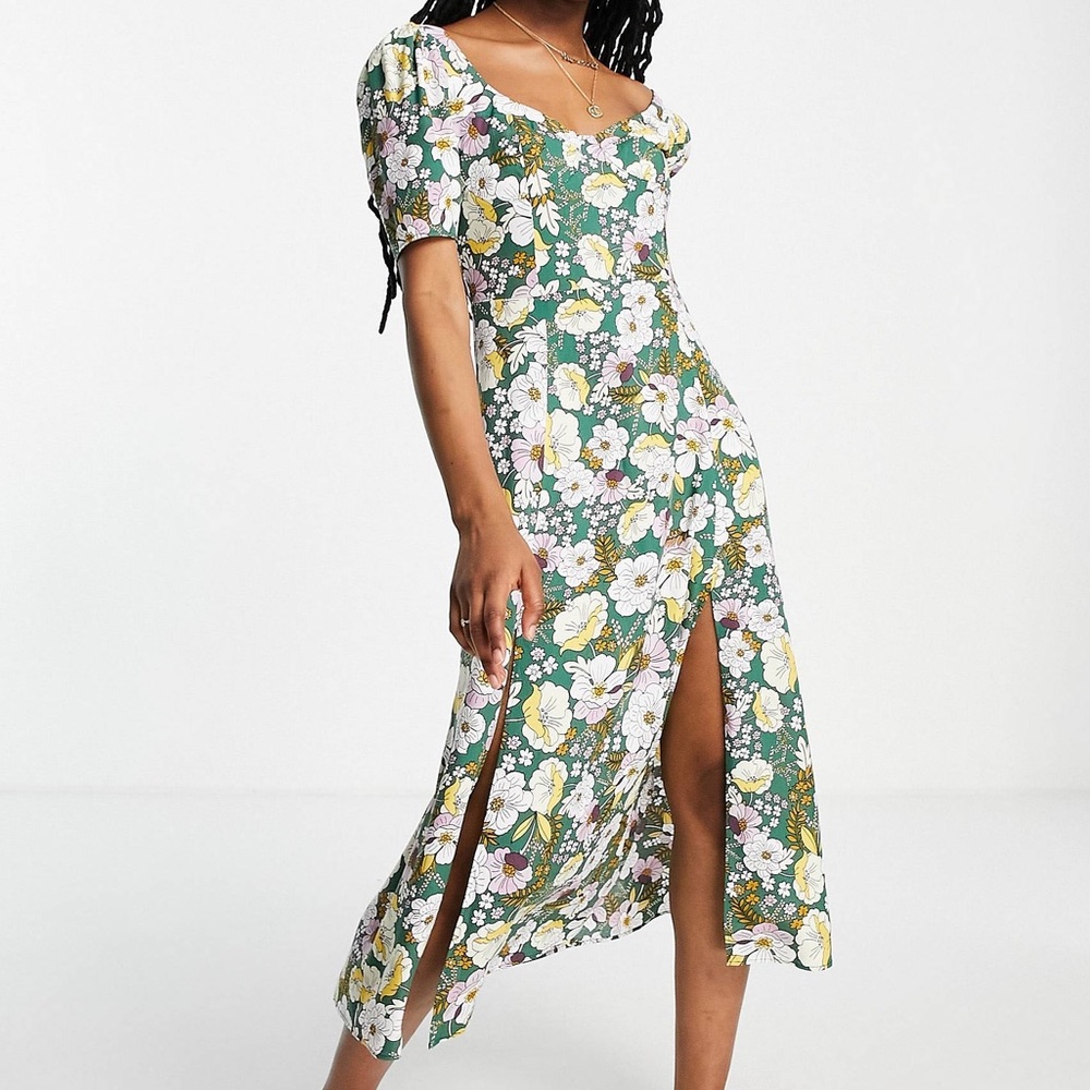 ASOS Midi Dress Size 2 Green Floral Puff Sleeve Spring Summer Bohemian Easter